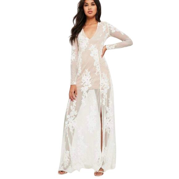 Missguided Plunge Mesh Embroidered Mesh Fishtail Dress Maxi White Nude Sheer NWT - Picture 1 of 9